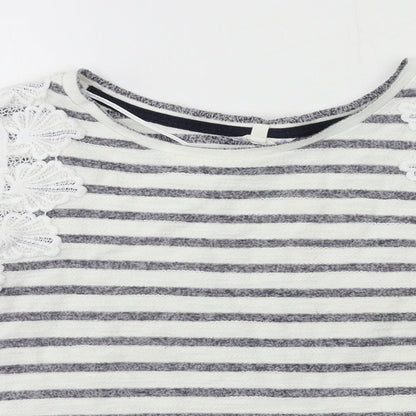 Close-up detail of Matalan women’s white striped jersey pullover sweatshirt, size UK 10