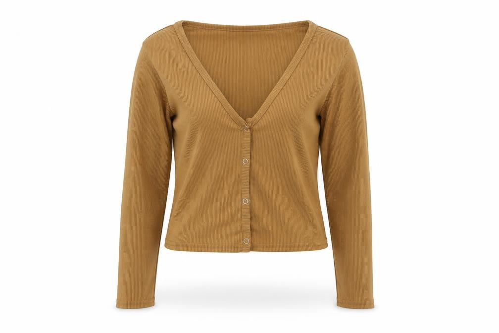 Front view of Tu women’s brown jersey cardigan jumper, size M