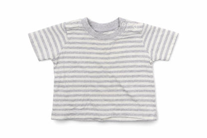 Front view of Matalan boys’ grey striped jersey basic t-shirt, size 0-3, months