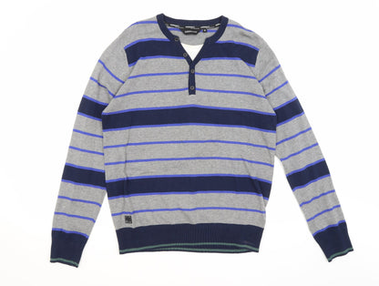 Dissident Mens Grey Striped  Pullover Jumper Size M