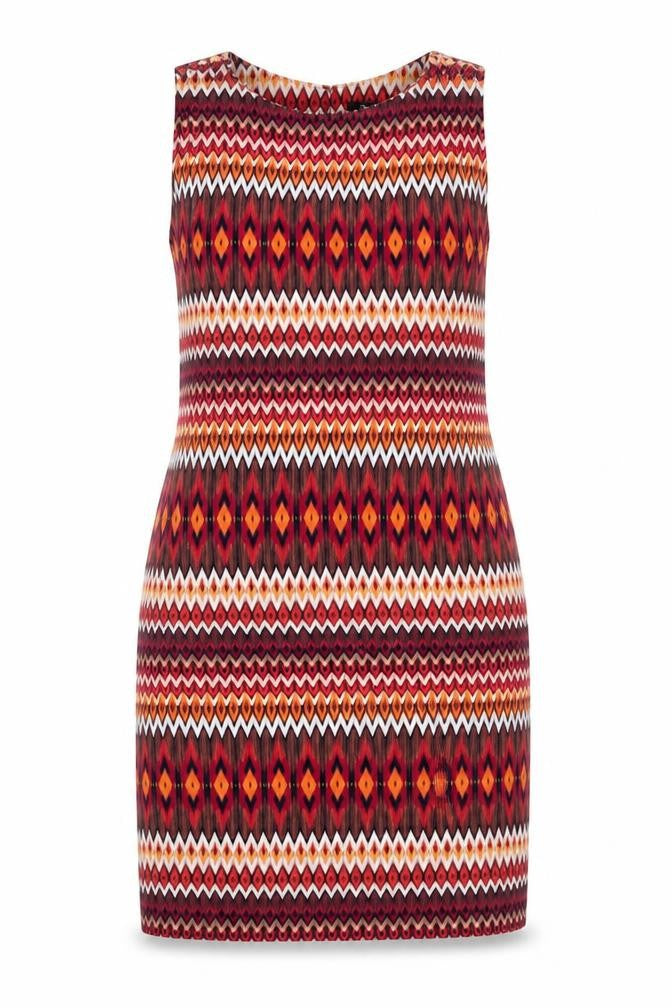 Front view of women’s red geometric pencil dress, size M