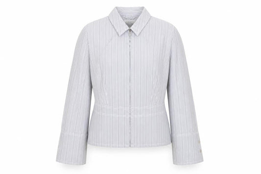 Front view of Collection women’s blue striped jacket blazer, size UK 14