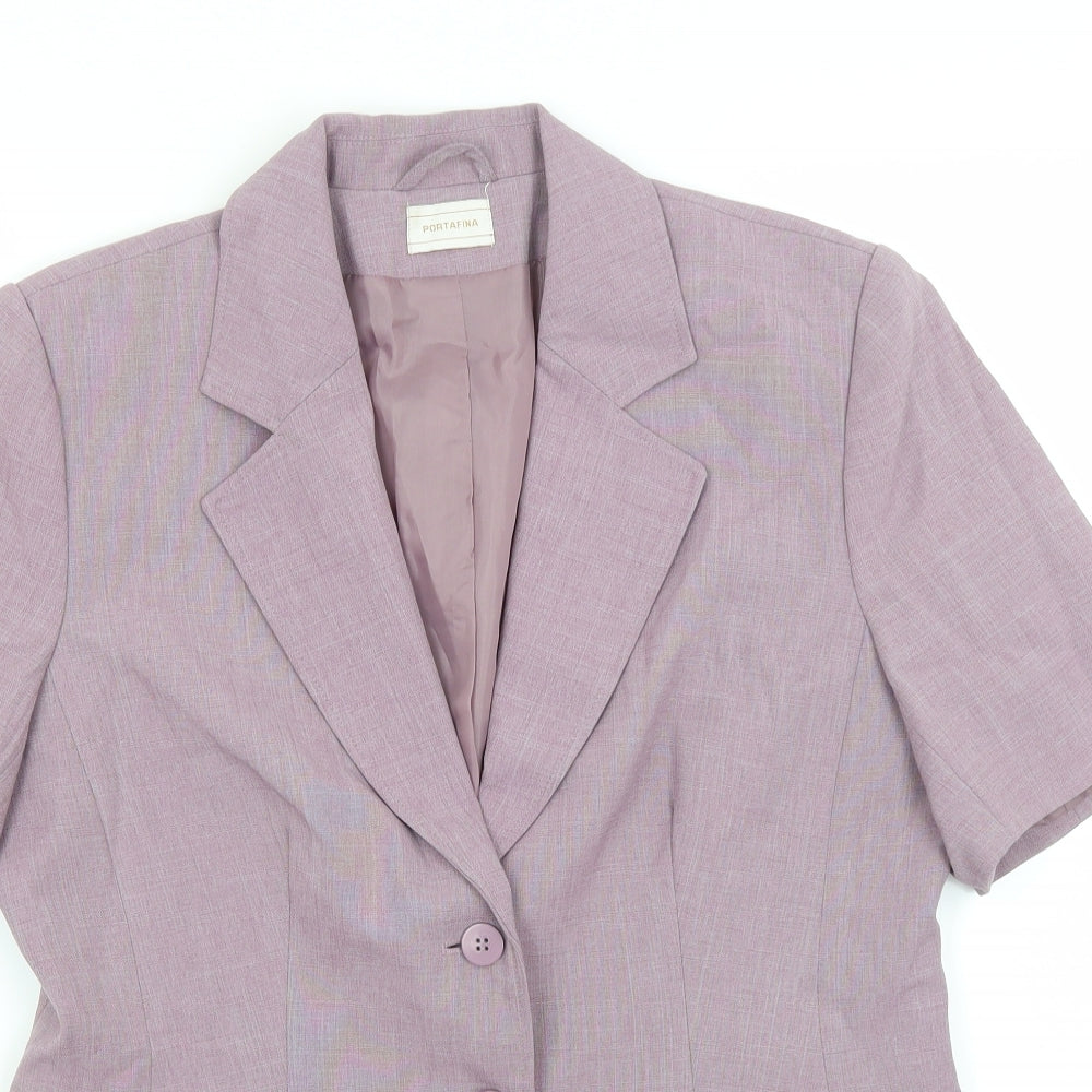 Close-up detail of Portafina women’s purple jacket blazer, size UK 14