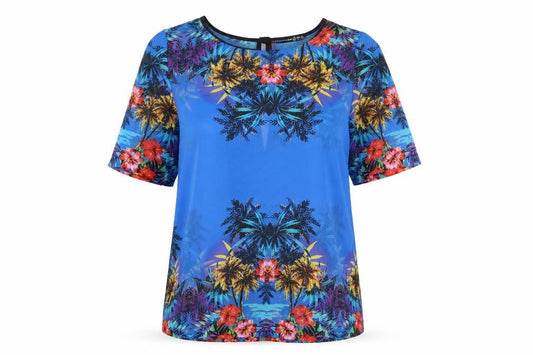 Front view of Atmosphere women’s blue floral basic blouse, size UK 10
