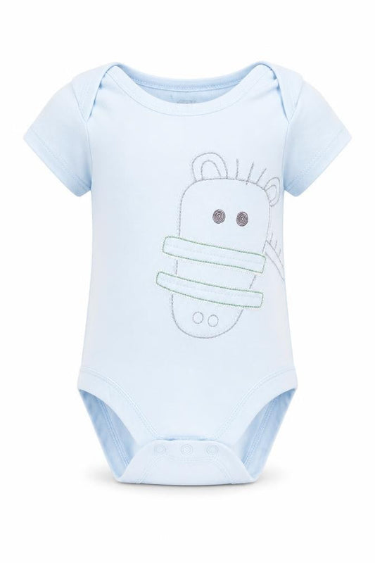 Front view of Marks & Spencer Baby Blue Romper One-Piece, size 0-3, Months