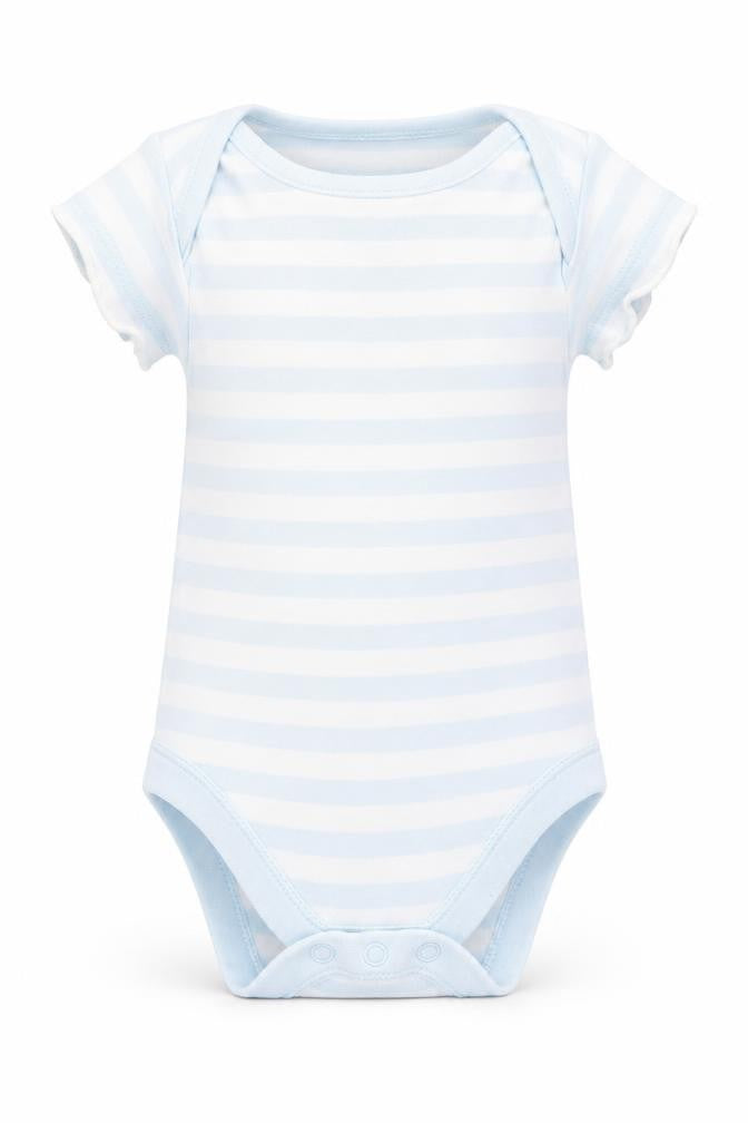 Front view of Marks & Spencer Baby Blue Striped Romper One-Piece, size 0-3, Months