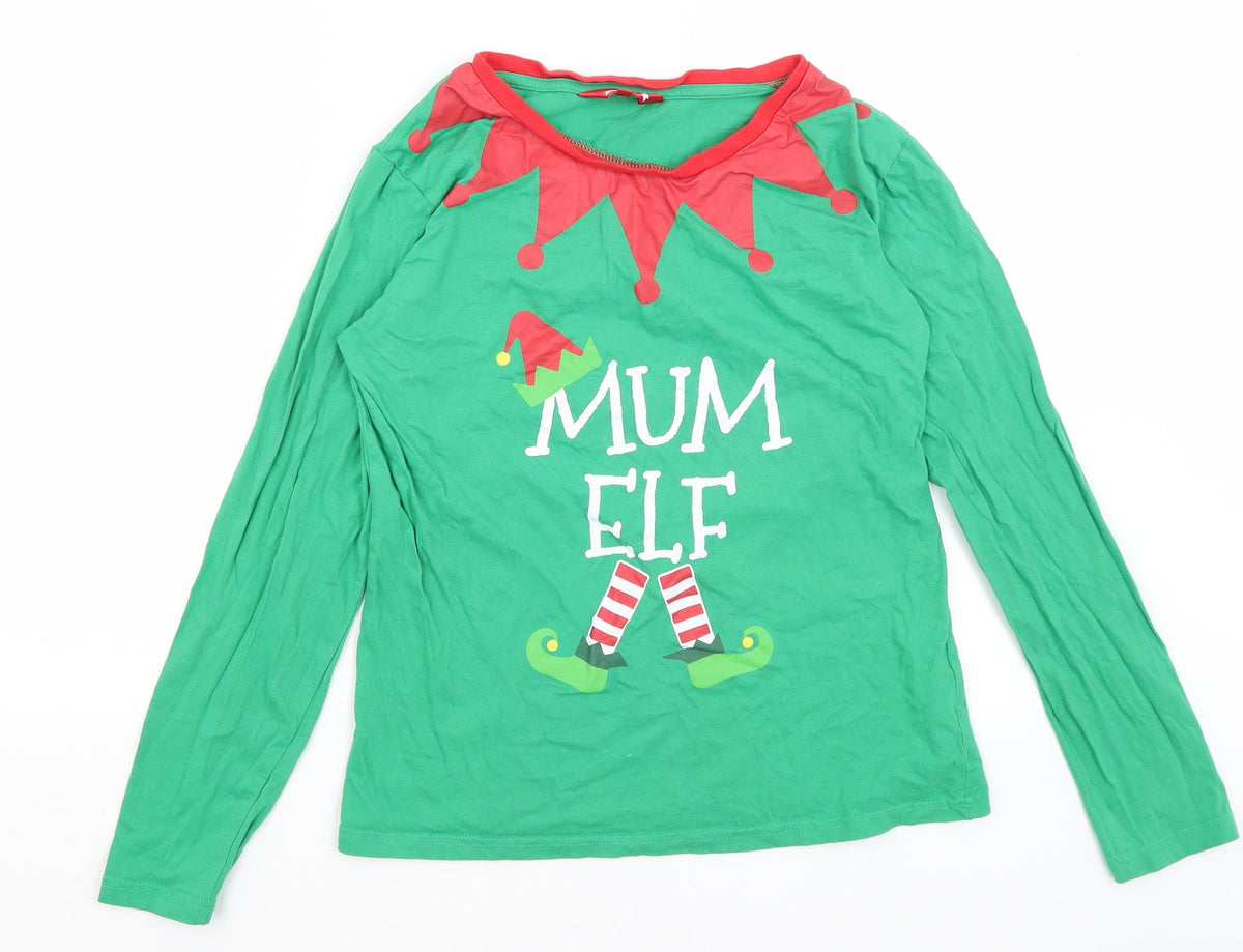 Additional front view of Made By Elves women’s green basic t-shirt, size UK 12, - mum elf