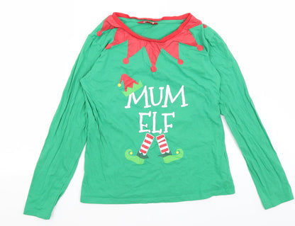Additional front view of Made By Elves women’s green basic t-shirt, size UK 12, - mum elf