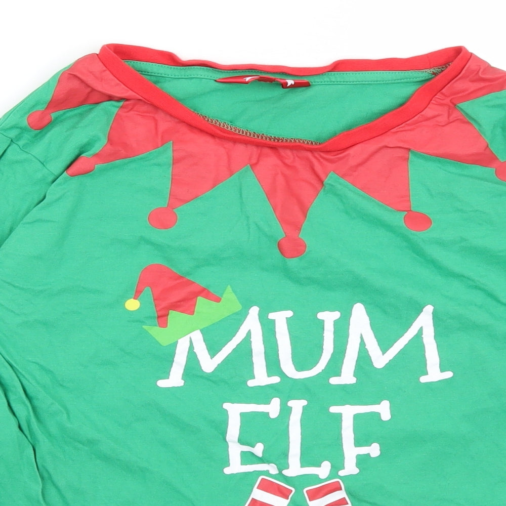 Close-up detail of Made By Elves women’s green basic t-shirt, size UK 12, - mum elf