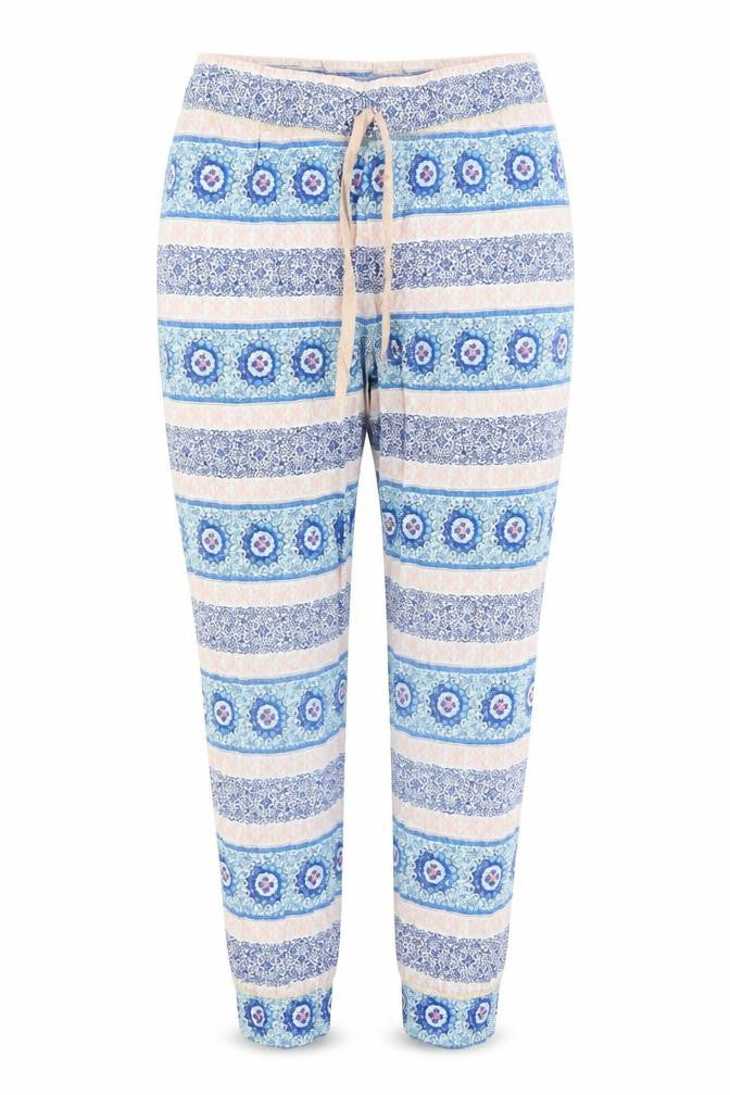 Front view of Tu women’s blue paisley capri trousers, size UK 8, 26-inch leg