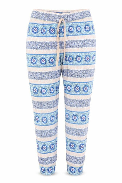 Front view of Tu women’s blue paisley capri trousers, size UK 8, 26-inch leg