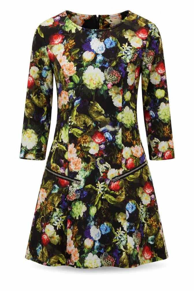Front view of Yumi women’s black floral fit & flare, size UK 6