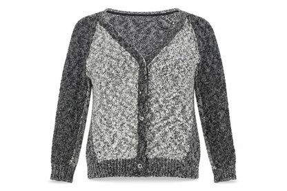 Front view of Marks & Spencer women’s grey houndstooth cardigan jumper, size UK 12