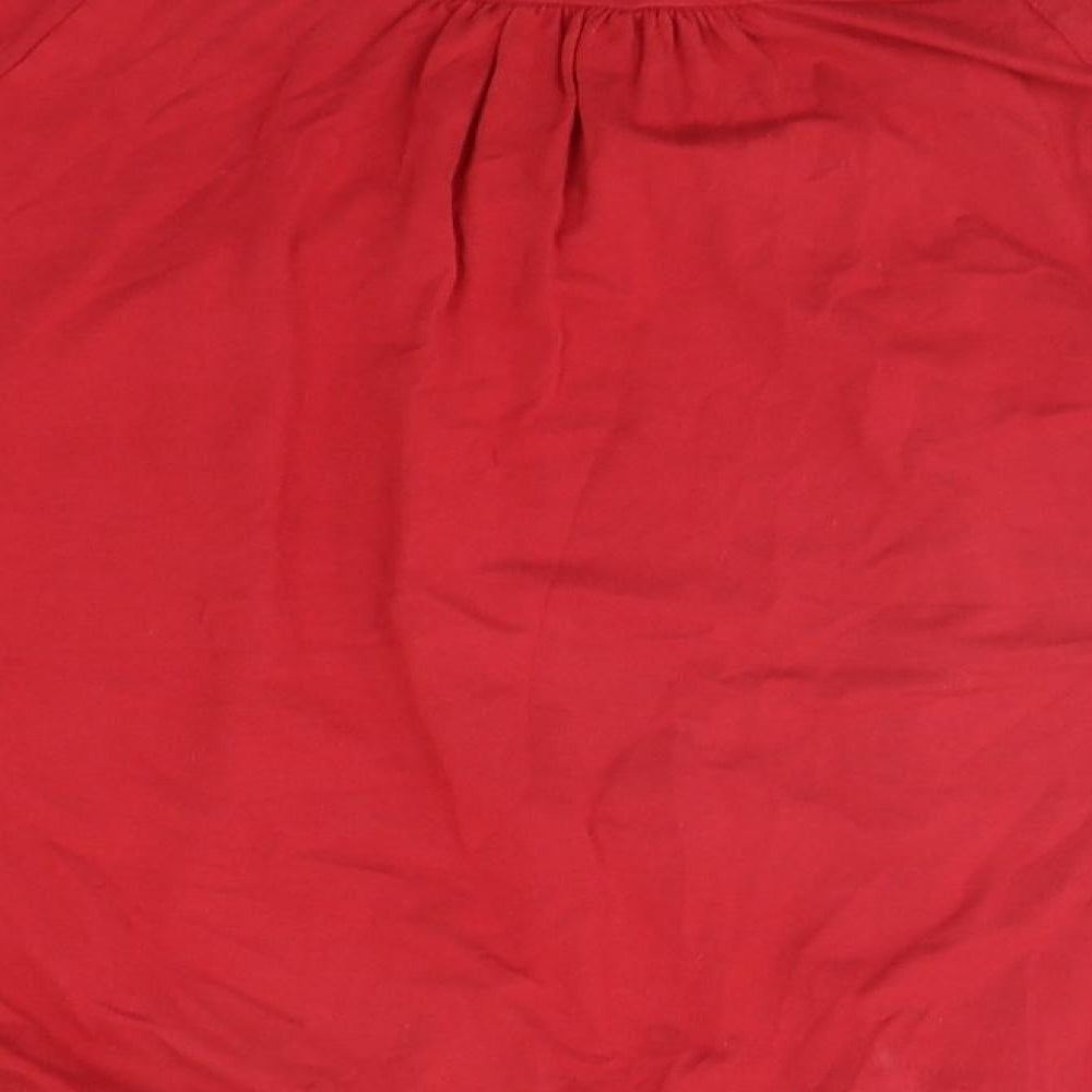 Brand and care label for Jacqueline Riu women’s red basic t-shirt, size M