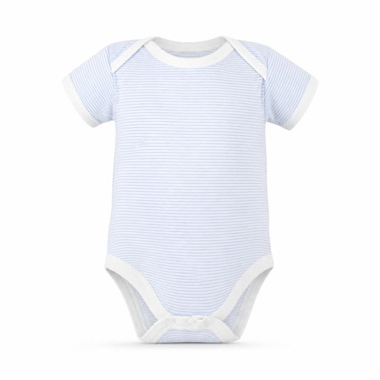 Front view of Jonelle Baby Blue Striped Babygrow One-Piece, size 6-9, Months