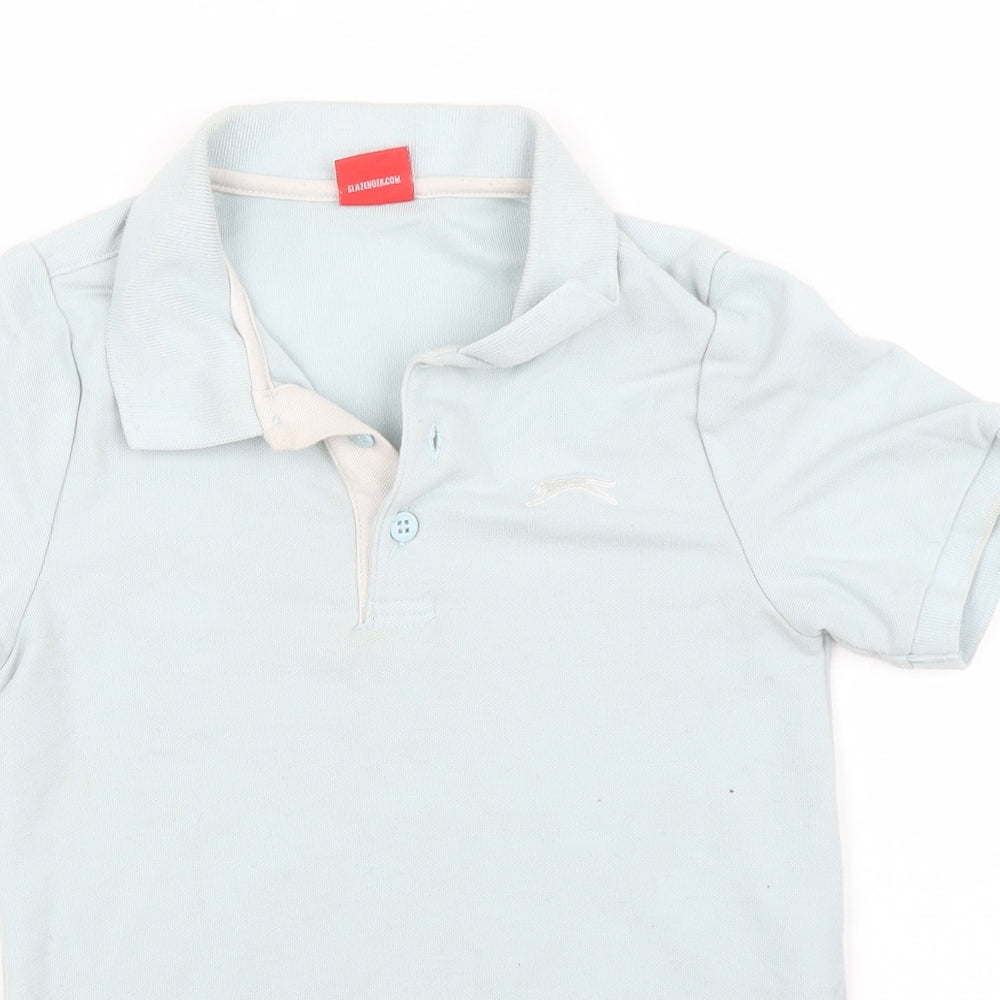 Close-up detail of Slazenger boys’ blue basic polo, size 7, years