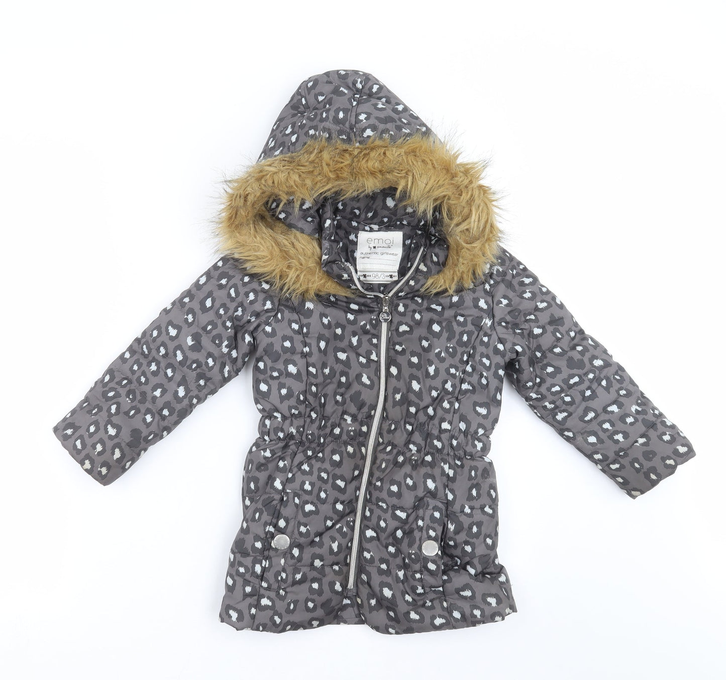 Emoi Girls Grey Animal Print  Parka Jacket Size 3 Years
