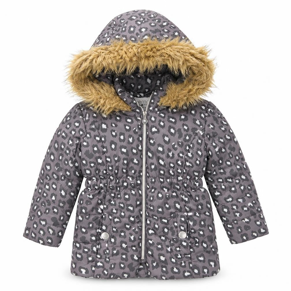 Front view of Emoi girls’ grey animal print parka jacket, size 3, years