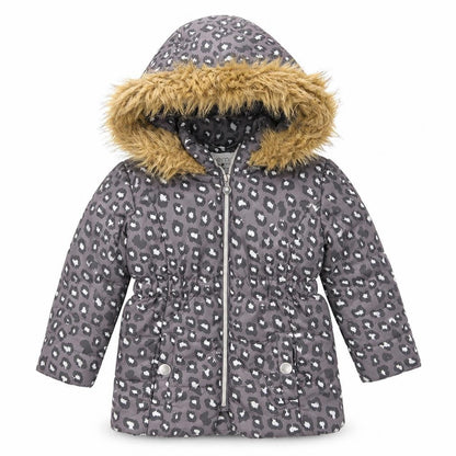 Front view of Emoi girls’ grey animal print parka jacket, size 3, years