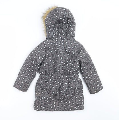 Emoi Girls Grey Animal Print  Parka Jacket Size 3 Years