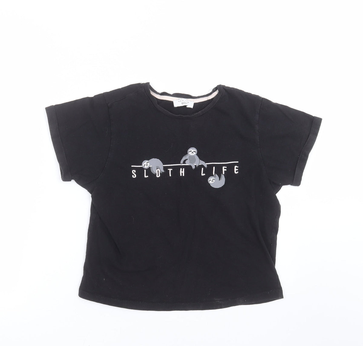 Front view of New Look girls’ black basic t-shirt, size M, - sloth