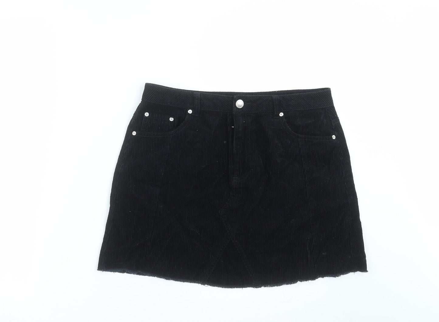 Miss Selfridge Womens Black  Corduroy A-Line Skirt Size 12  - Distressed hem