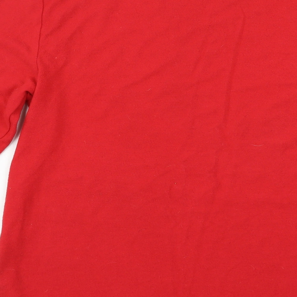Brand and care label for Villa Clothing women’s red jumper, size S