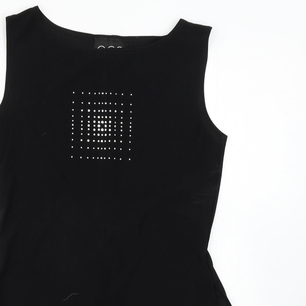 Close-up detail of Ego women’s black basic tank, size UK 12