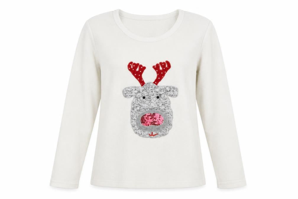 Front view of F&F women’s white solid top pyjama top, size UK 8, - christmas reindeer rudolph