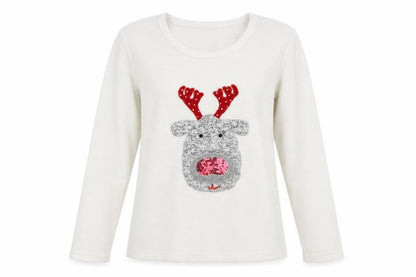 Front view of F&F women’s white solid top pyjama top, size UK 8, - christmas reindeer rudolph