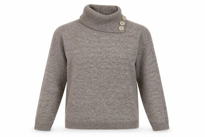 Front view of women’s beige pullover sweatshirt, size M