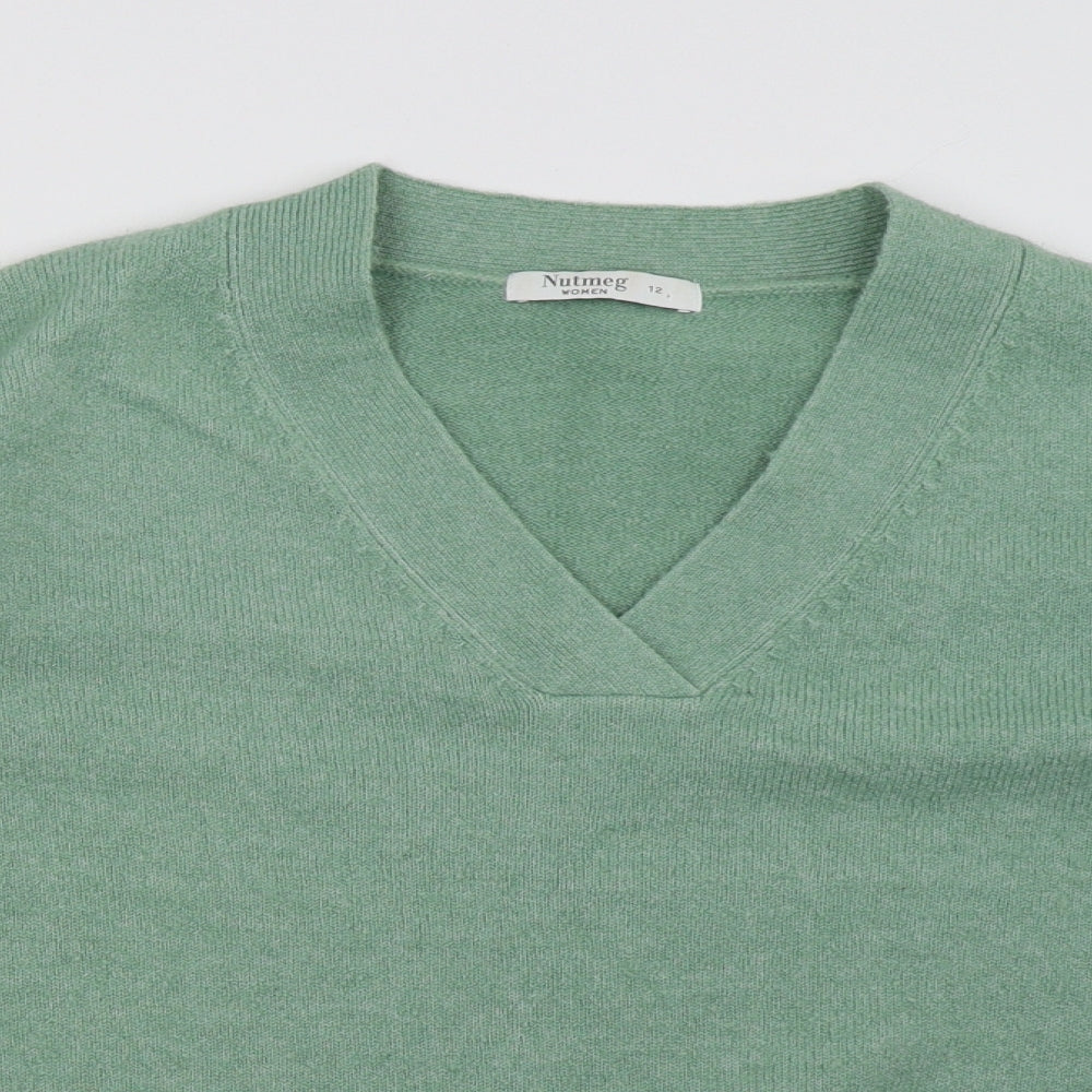 Close-up detail of Nutmeg women’s green pullover sweatshirt, size UK 12