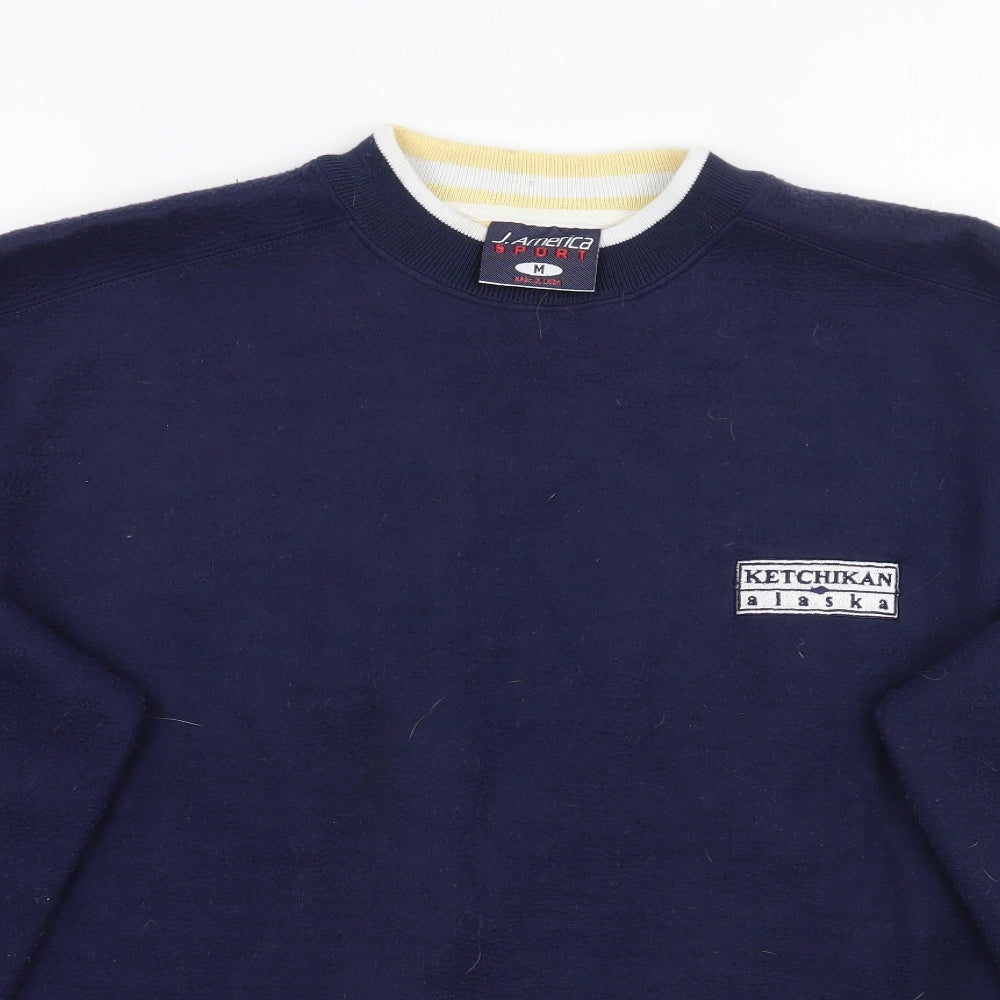Close-up detail of J. America men’s blue jumper, size M