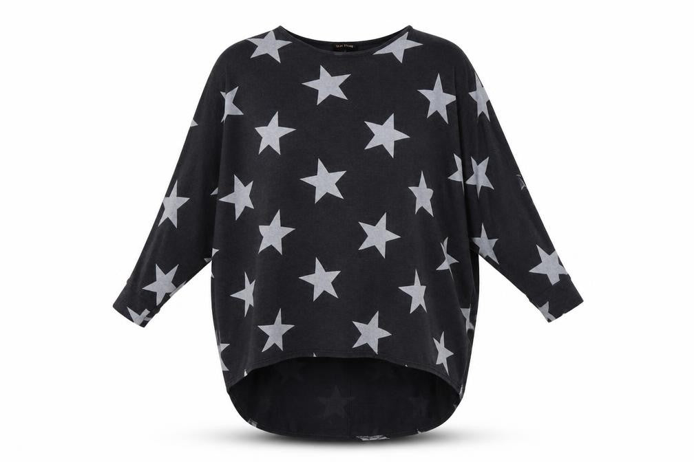 Front view of QED London women’s grey geometric tunic sweatshirt, size M, - star print