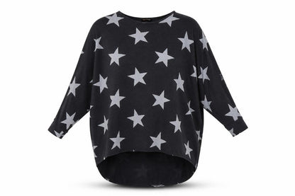 Front view of QED London women’s grey geometric tunic sweatshirt, size M, - star print