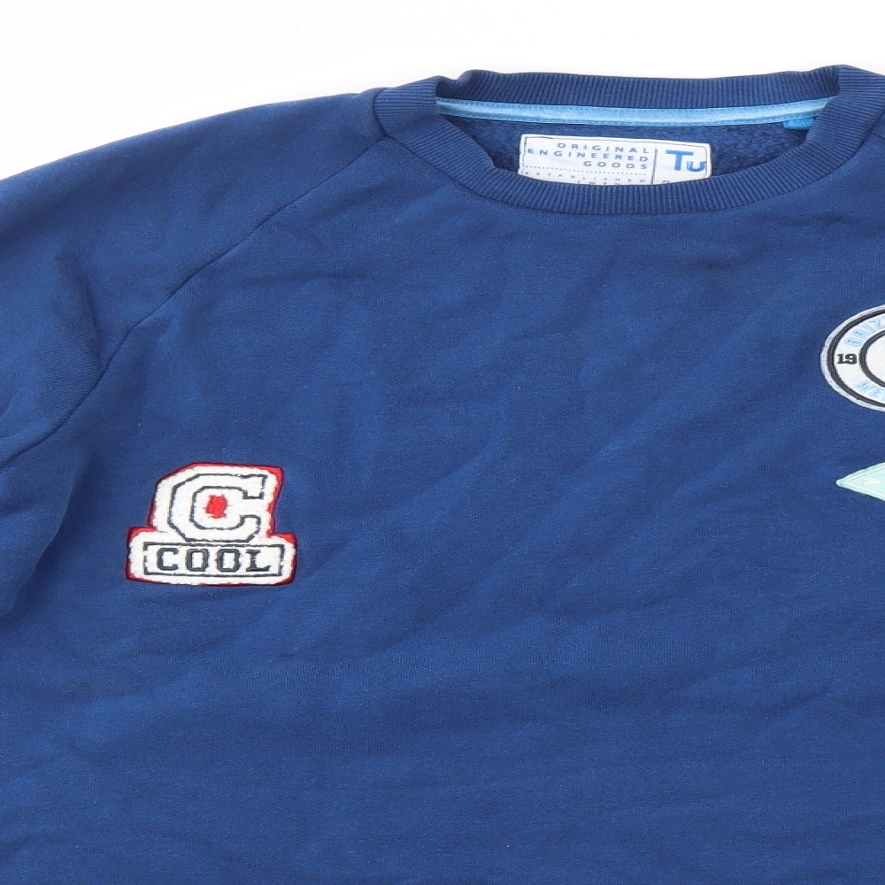 Close-up detail of Tu boys’ blue jumper, size 12, years