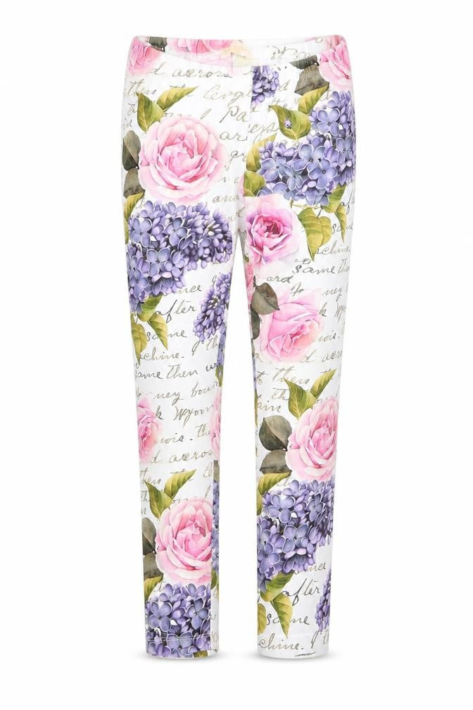 Front view of Monalisa girls’ white floral pyjama pants, size L, - pink purple flowers cropped