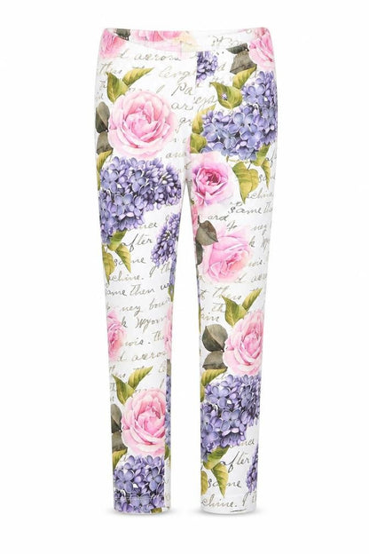 Front view of Monalisa girls’ white floral pyjama pants, size L, - pink purple flowers cropped