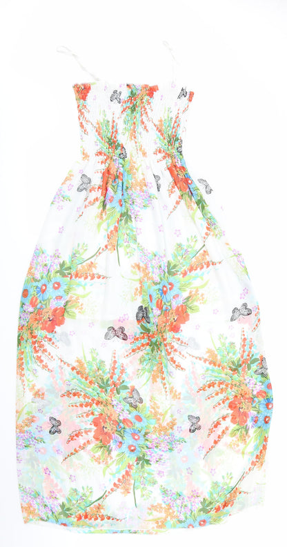 Mei Na Fashion Womens Ivory Floral  Maxi    - Elasticated Bodice Half lined Blue Orange Flowers