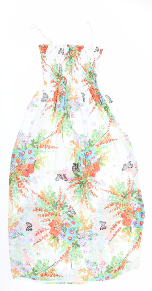 Front view of Mei Na Fashion women’s ivory floral maxi - elasticated bodice half lined blue orange flowers