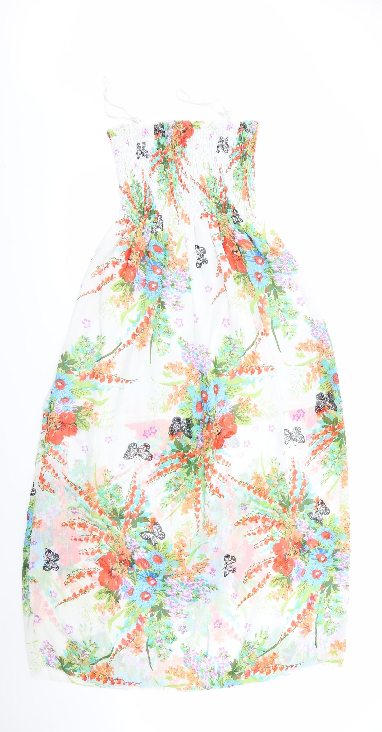 Mei Na Fashion Womens Ivory Floral  Maxi    - Elasticated Bodice Half lined Blue Orange Flowers