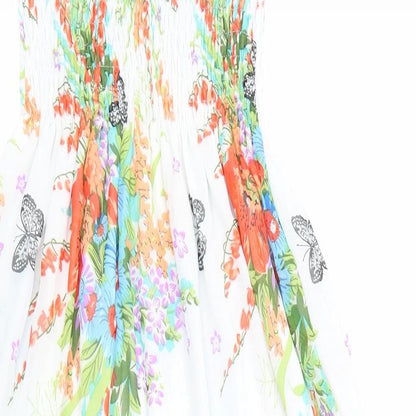 Mei Na Fashion Womens Ivory Floral  Maxi    - Elasticated Bodice Half lined Blue Orange Flowers