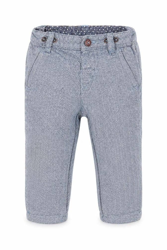 Front view of H&M boys’ blue herringbone cargo trousers, size 12, months - chino style