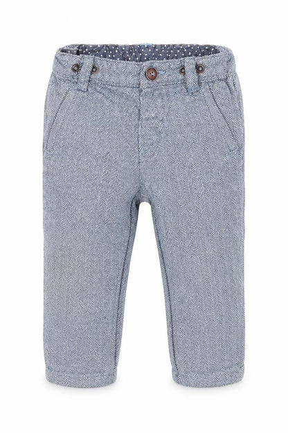 Front view of H&M boys’ blue herringbone cargo trousers, size 12, months - chino style