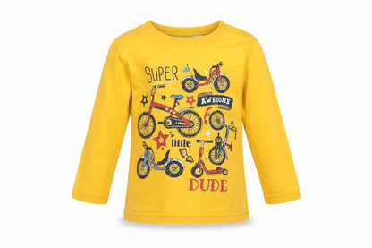 Front view of Baby M&Co boys’ yellow basic casual, size 12-18, months - bicycles super awesome dude