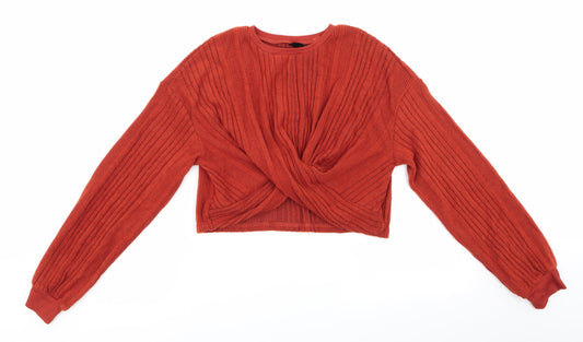 SheIn Womens Orange Striped  Pullover Jumper Size S  - Dark Orange Cropped Ruched Crossover Hemline