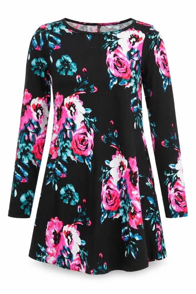 Front view of women’s black floral jersey fit & flare, size XS, - pink & blue flowers