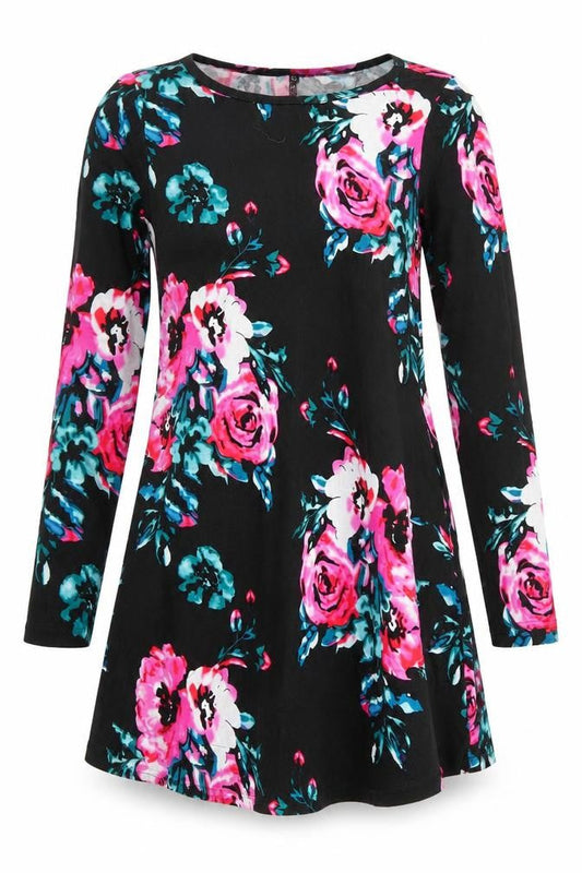Front view of women’s black floral jersey fit & flare, size XS, - pink & blue flowers