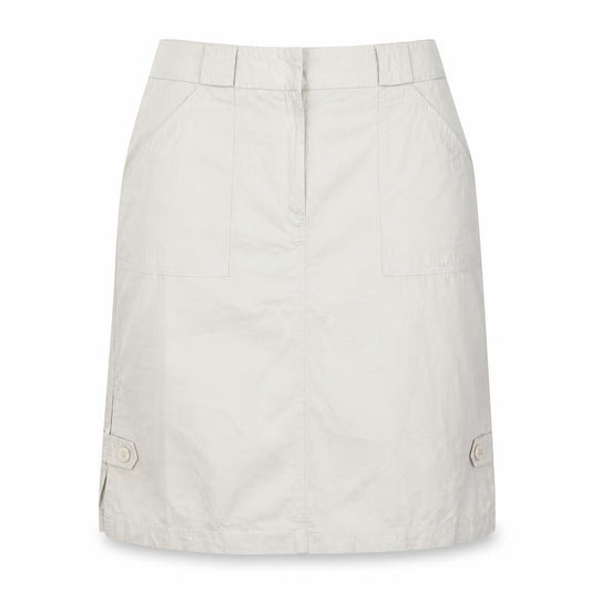 Front view of CMD women’s green a-line skirt, size UK 14, - vented and buttoned hem