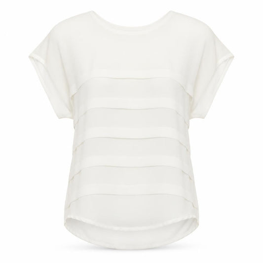 Front view of Internacionale women’s white striped basic blouse, size UK 10